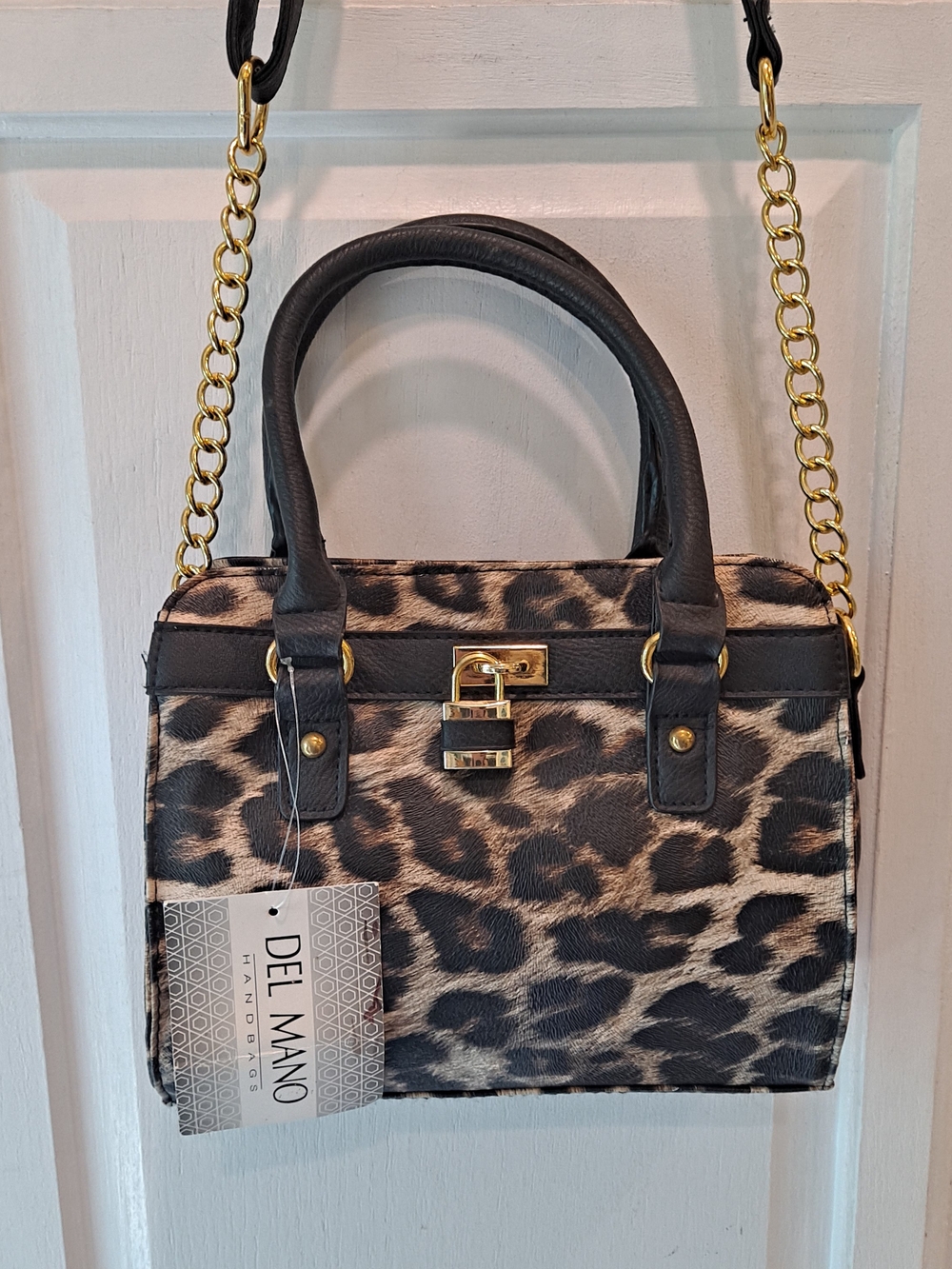 Del Mano Handbags Leopard Print Satchel Handbag — Black & Beige NWT Vinyl